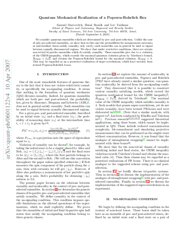 (PDF) Quantum-mechanical realization of a Popescu-Rohrlich box