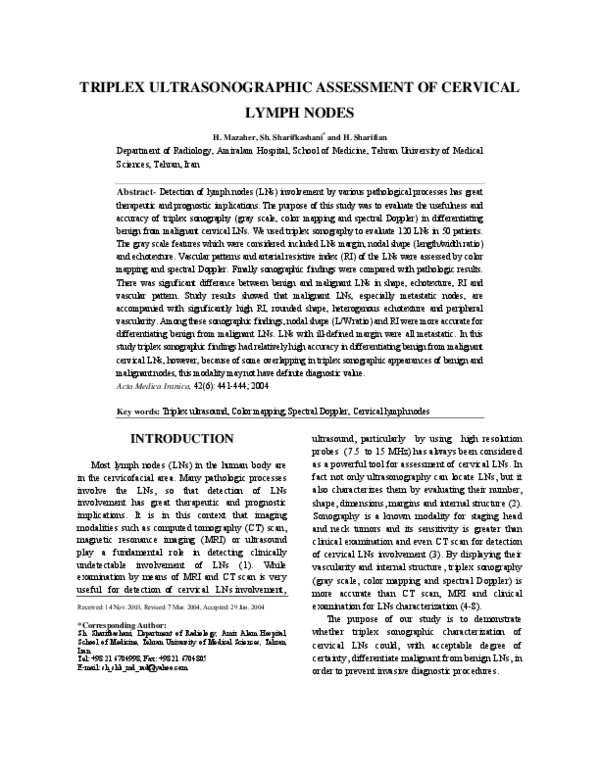 (PDF) Triplex Ultrasonographic Assessment of Cervical Lymph Nodes