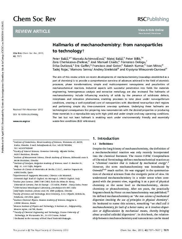 (PDF) Hallmarks of mechanochemistry: from nanoparticles to technology