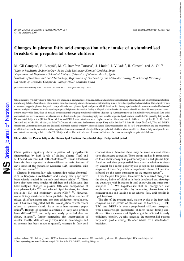 (PDF) Changes in plasma fatty acid composition after intake of a ...