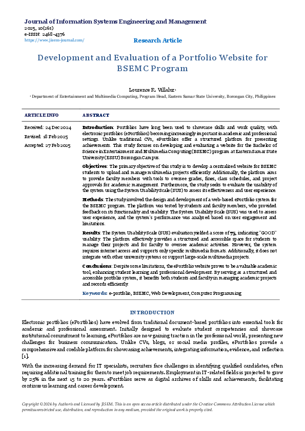 (PDF) Development and Evaluation of a Portfolio Website for BSEMC Program