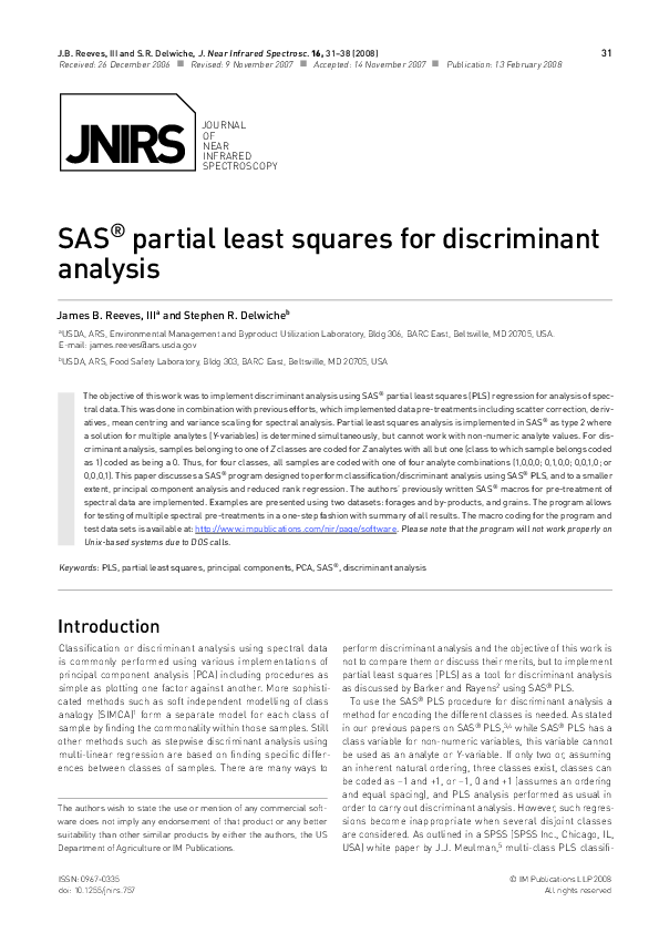 (PDF) SAS® partial least squares for discriminant analysis
