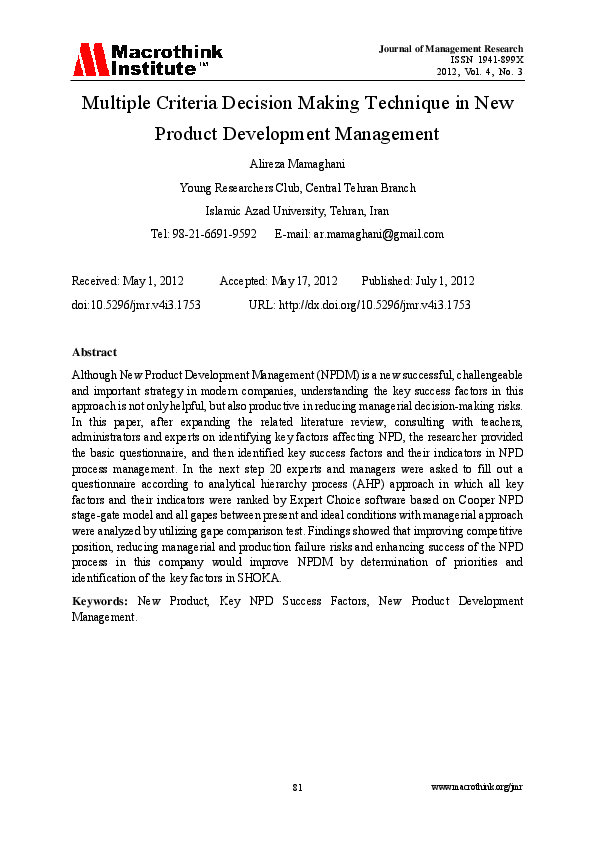 (PDF) Multiple Criteria Decision Making Technique in New Product ...