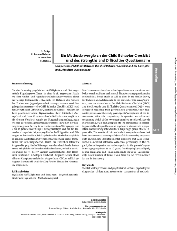 (PDF) Ein Methodenvergleich der Child Behavior Checklist und des ...
