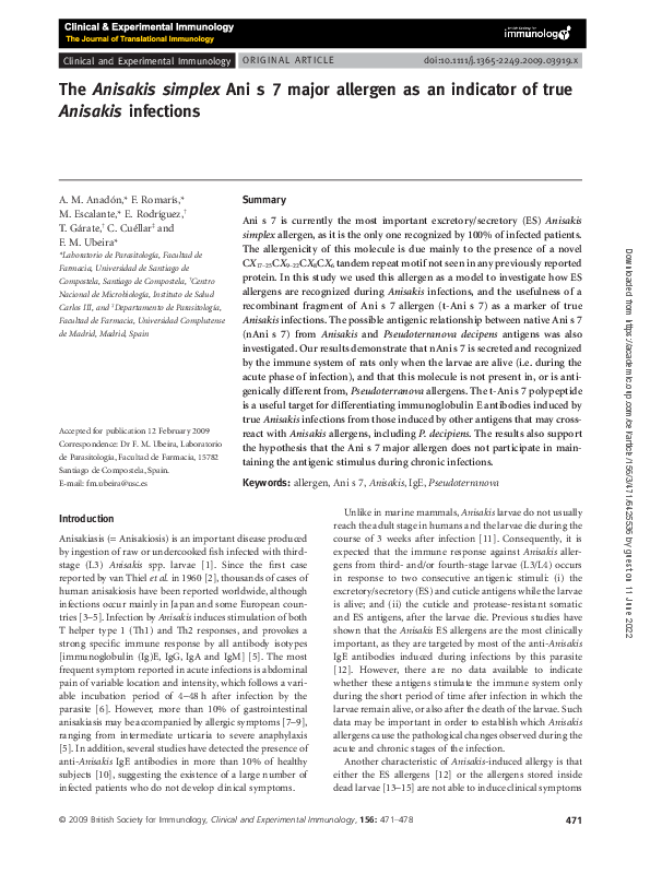 (PDF) The Anisakis simplex Ani s 7 major allergen as an indicator of ...