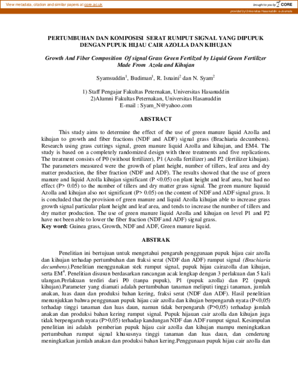 (PDF) Pertumbuhan Dan Komposisi Serat Rumput Signal Yang Dipupuk Dengan ...
