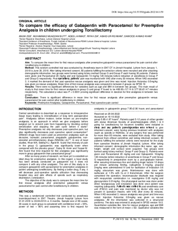 (PDF) To compare the efficacy of Gabapentin with Paracetamol for ...