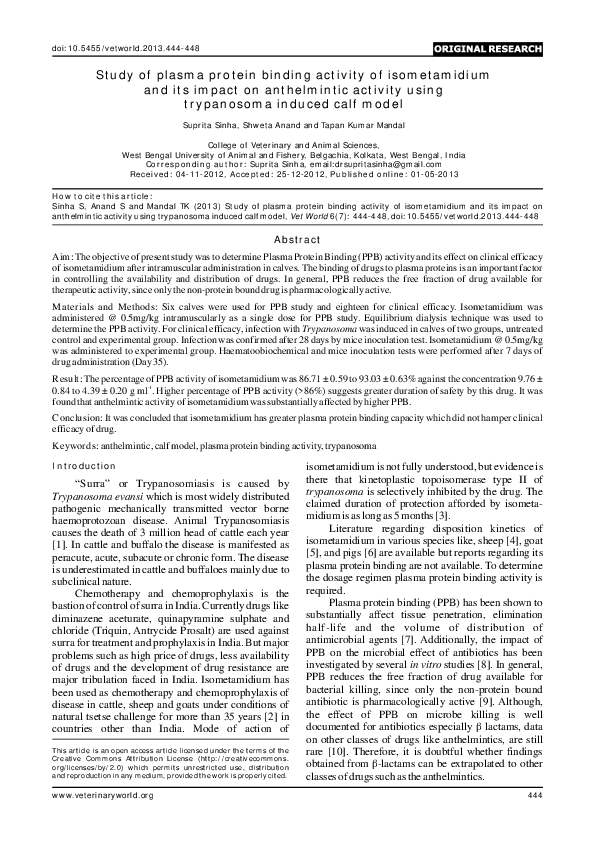 (PDF) Study of plasma protein binding activity of isometamidium and its ...
