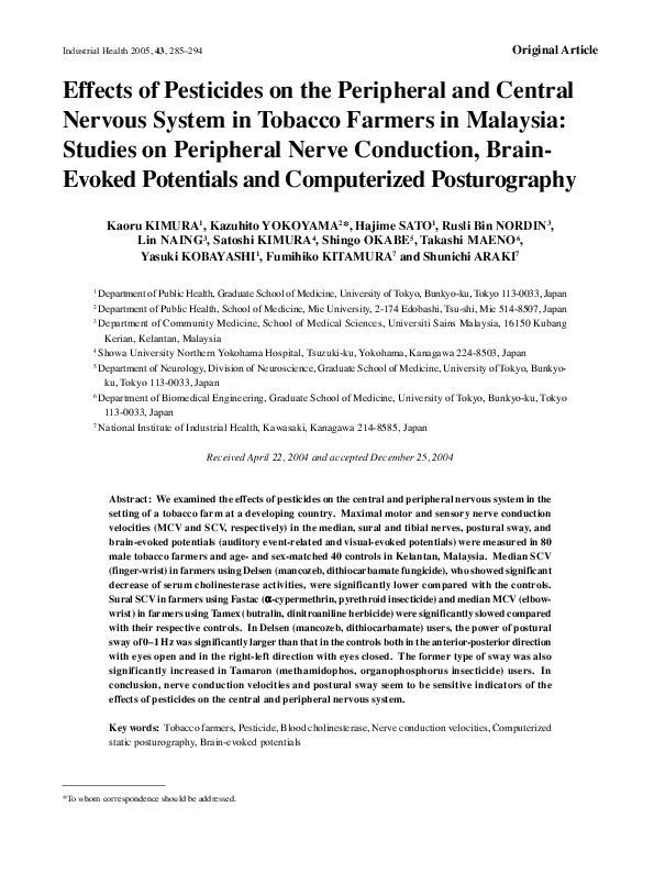 PDF) Effects of Pesticides on the Peripheral and Central Nervous System in  Tobacco Farmers in Malaysia: Studies on Peripheral Nerve Conduction,  Brain-Evoked Potentials and Computerized Posturography