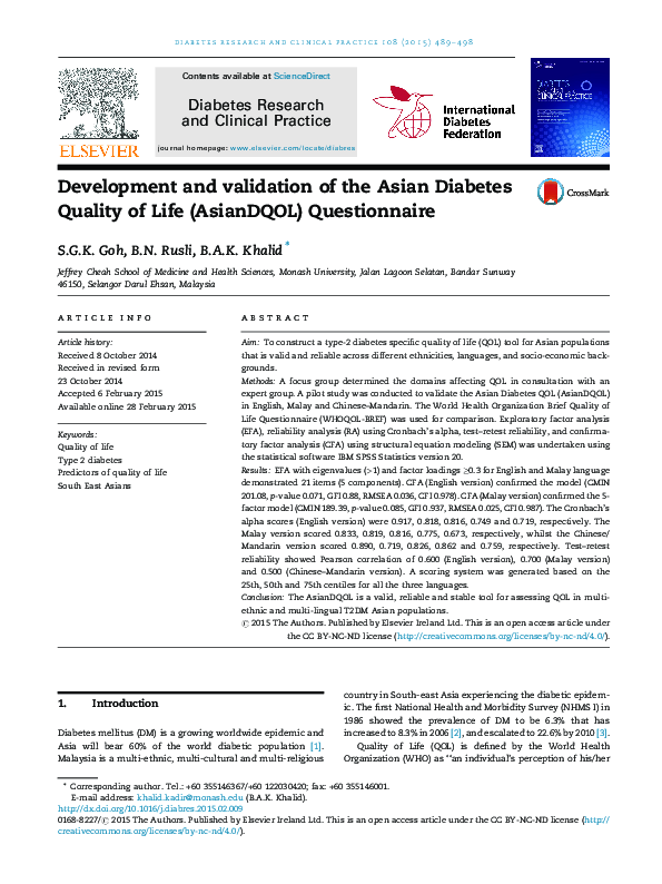 (PDF) Development and validation of the Asian Diabetes Quality of Life ...