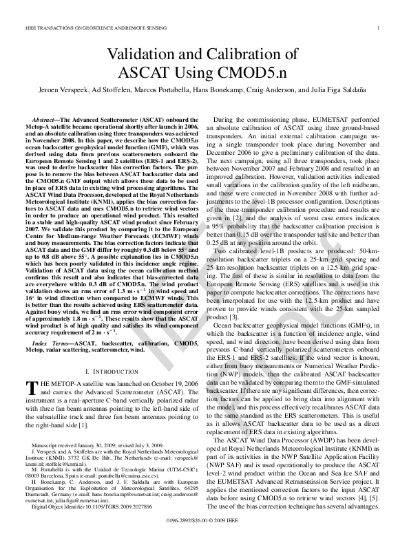 (PDF) Validation and Calibration of ASCAT Using CMOD5.n