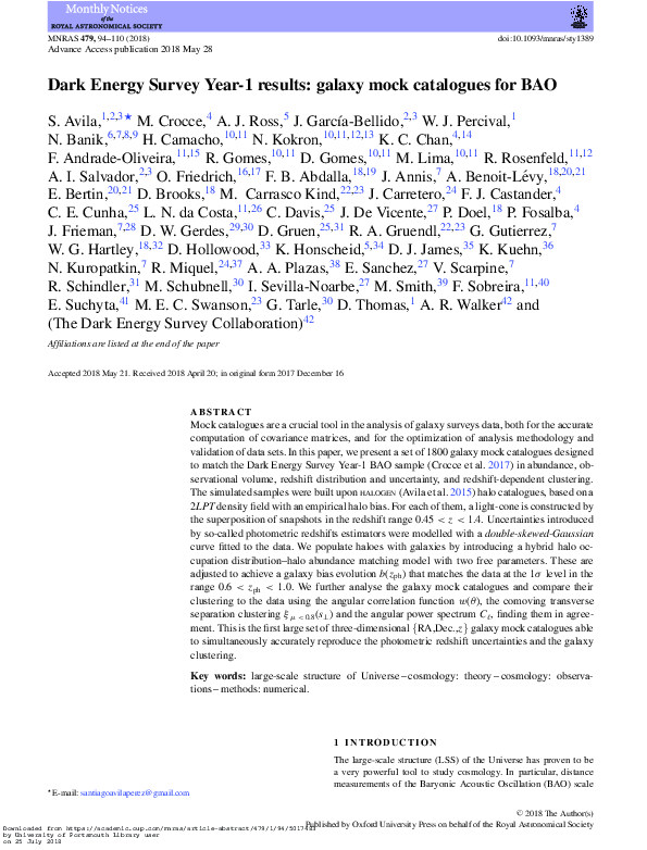 PDF) Dark Energy Survey Year-1 results: galaxy mock catalogues for BAO
