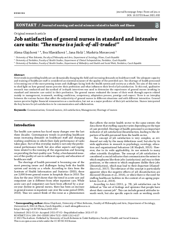 (PDF) Job satisfaction of general nurses in standard and intensive care ...