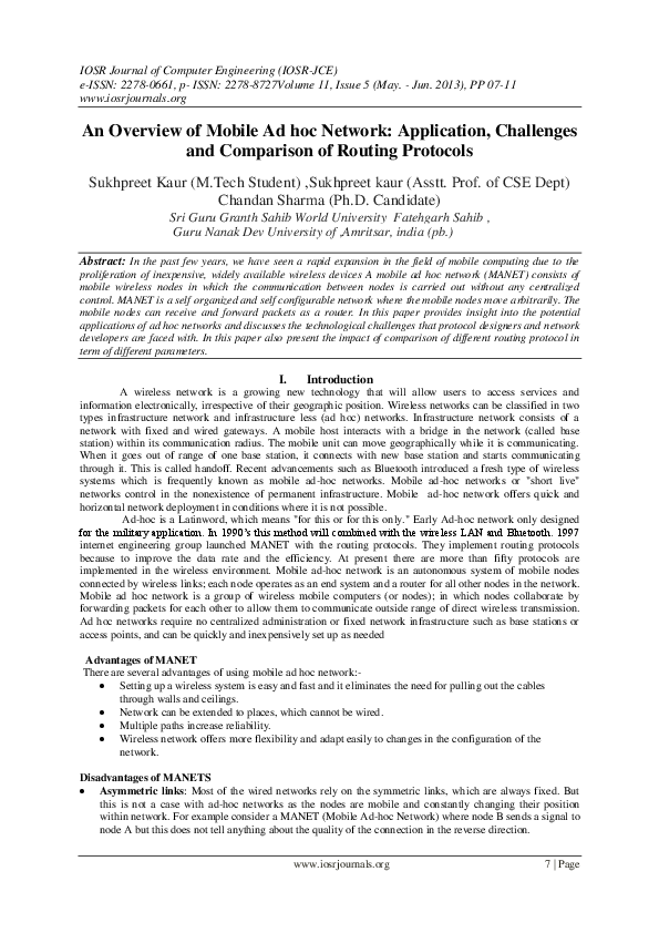 (PDF) An Overview of Mobile Ad hoc Network: Application, Challenges and ...