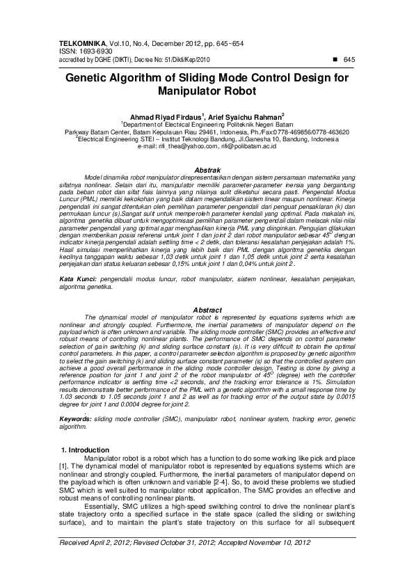 (PDF) Genetic Algorithm of Sliding Mode Control Design for Manipulator ...