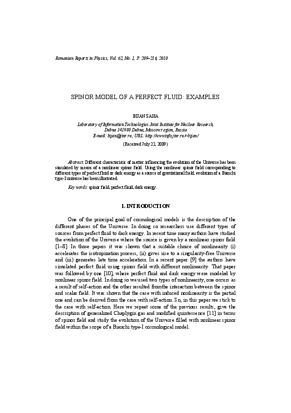 (PDF) Spinor model of a perfect fluid: examples