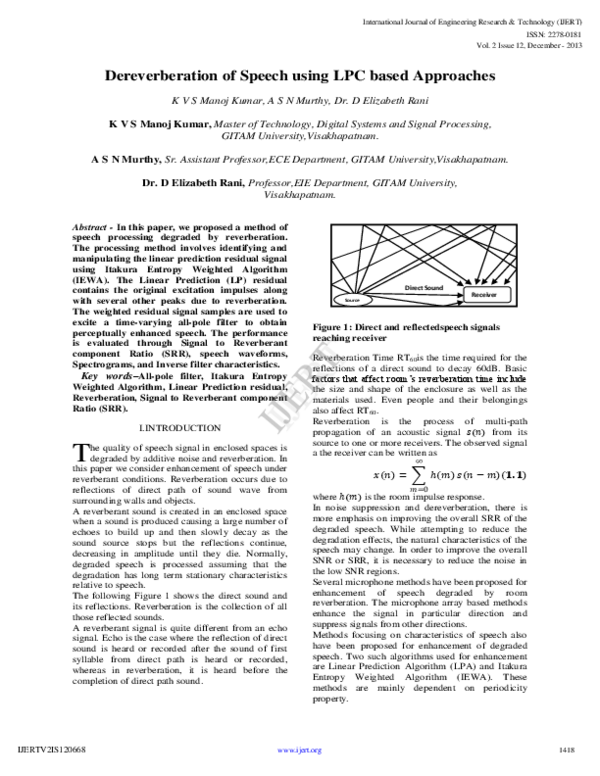 (PDF) Dereverberation of Speech using LPC based Approaches