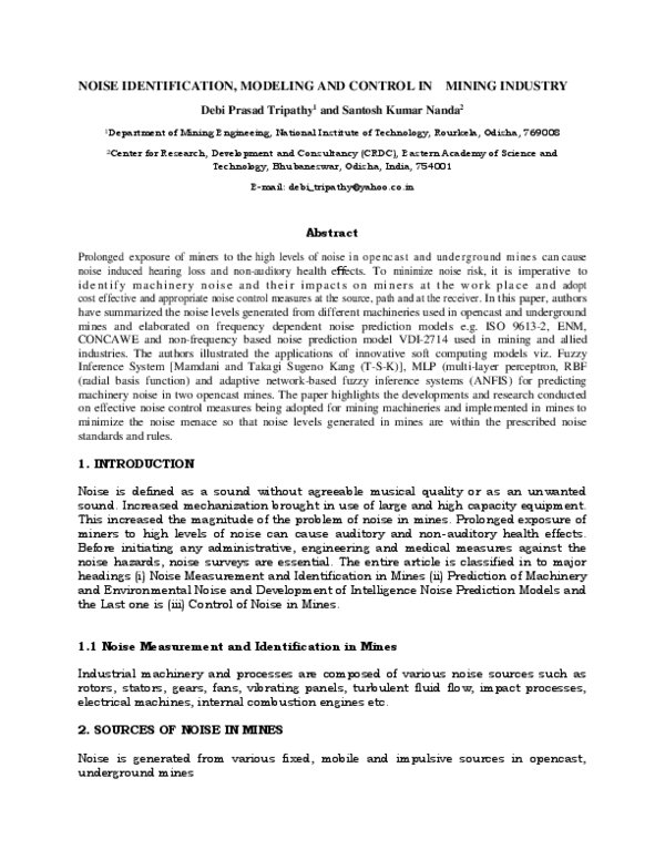 (PDF) Noise identification, modeling, and control in mining industry