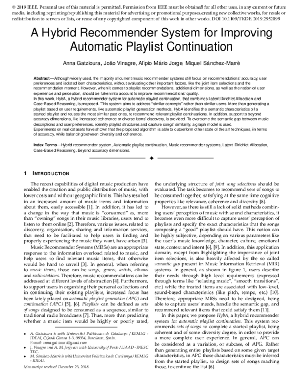 (PDF) A Hybrid Recommender System for Improving Automatic Playlist ...