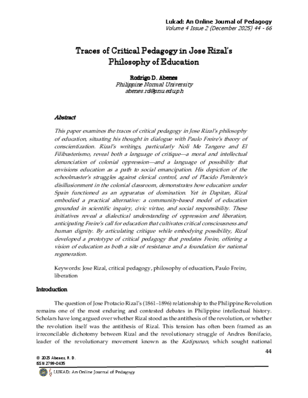 (PDF) Traces of Critical Pedagogy in Jose Rizal's Philosophy of Education