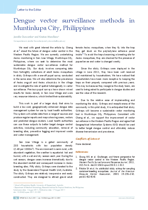 (PDF) Dengue vector surveillance methods in Muntinlupa City, Philippines