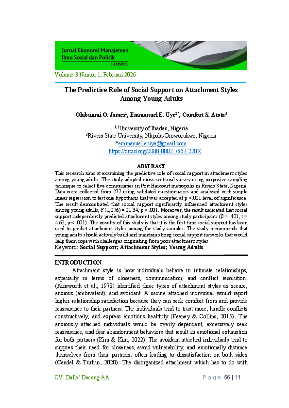 (PDF) The Predictive Role of Social Support on Attachment Styles Among ...