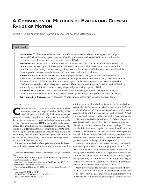 (PDF) A comparison of methods of evaluating cervical range of motion