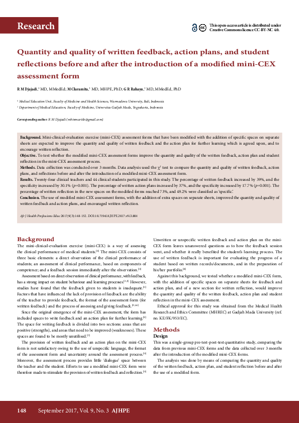 (PDF) Quantity and quality of written feedback, action plans, and ...