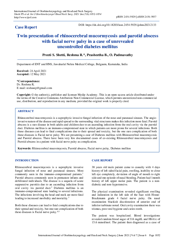 (PDF) Twin presentation of rhinocerebral mucormycosis and parotid ...