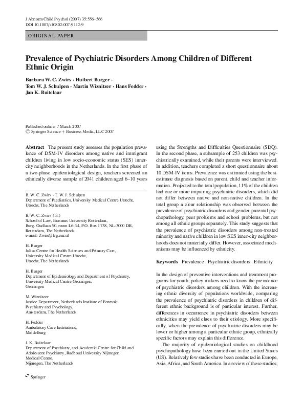 (PDF) Prevalence of Psychiatric Disorders Among Children of Different ...