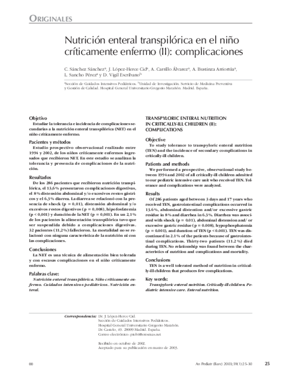 (PDF) Nutricin enteral transpilrica en el nio crticamente enfermo (II ...