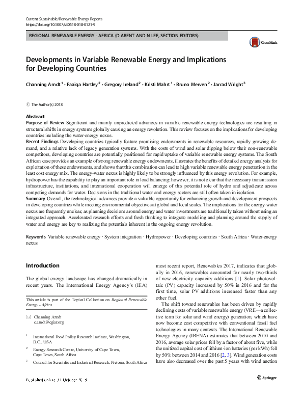 (PDF) Developments in Variable Renewable Energy and Implications for ...