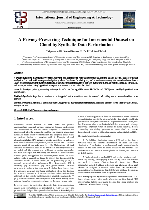 (PDF) A Privacy-Preserving Technique for Incremental Dataset on Cloud ...