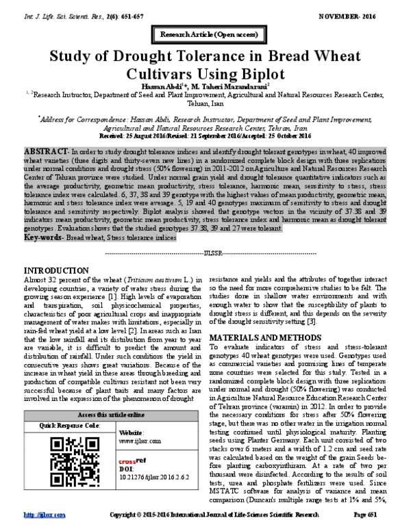 (PDF) Study of Drought Tolerance in Bread Wheat Cultivars Using Biplot
