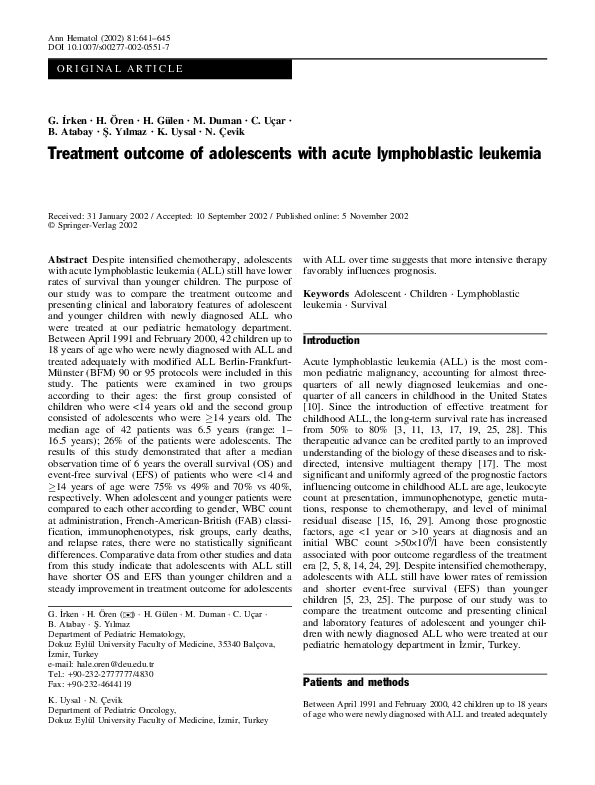 (PDF) Treatment outcome of adolescents with acute lymphoblastic leukemia