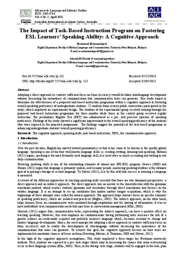 (PDF) The Impact of Task-Based Instruction Program on Fostering ESL ...