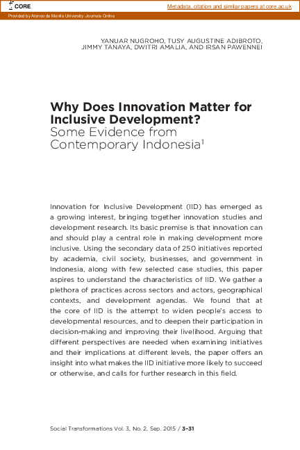 (PDF) Why Does Innovation Matter for Inclusive Development? Some ...