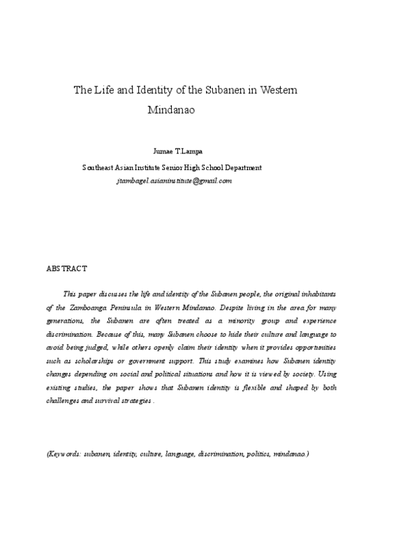 (PDF) The Life and Identity of the Subanen in Western Mindanao