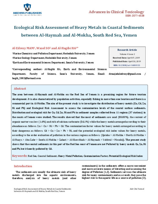 (PDF) Ecological Risk Assessment of Heavy Metals in Coastal Sediments ...