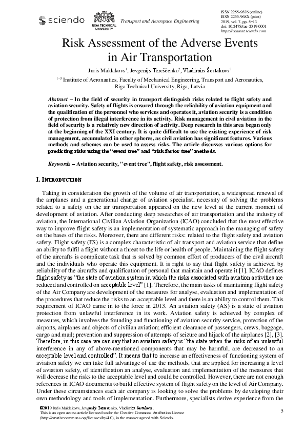 (PDF) Risk Assessment of the Adverse Events in Air Transportation