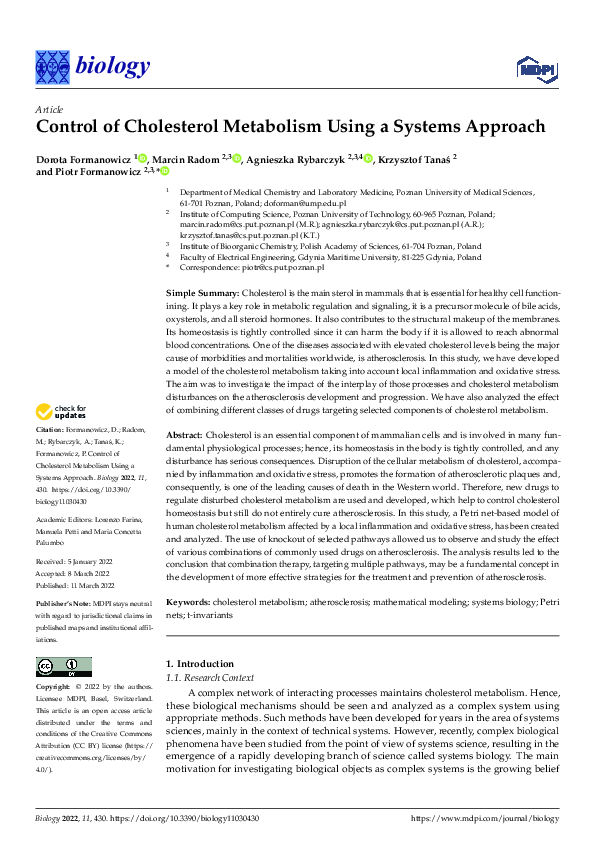 (PDF) Control of Cholesterol Metabolism Using a Systems Approach