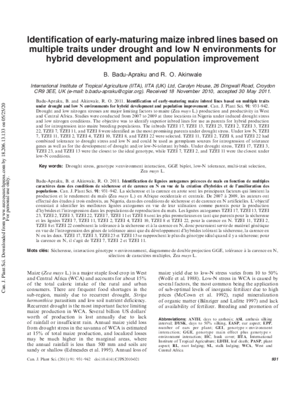 (PDF) Identification of early-maturing maize inbred lines based on ...
