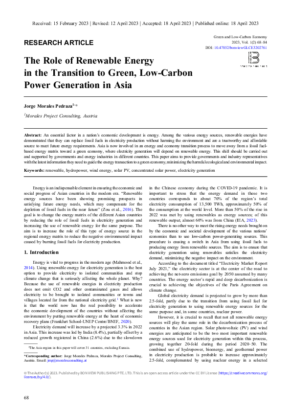 (PDF) The Role of Renewable Energy in the Transition to Green, Low ...