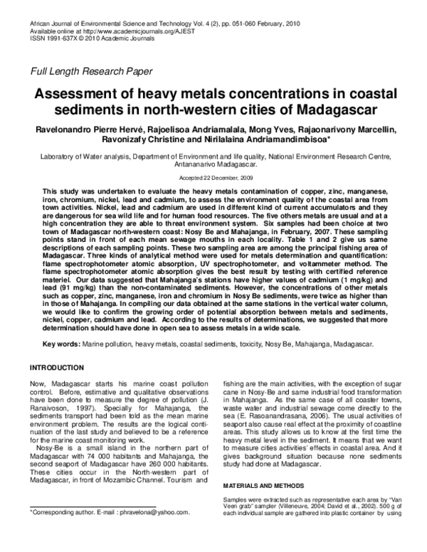 (PDF) Assessment of heavy metals concentrations in coastal sediments in ...