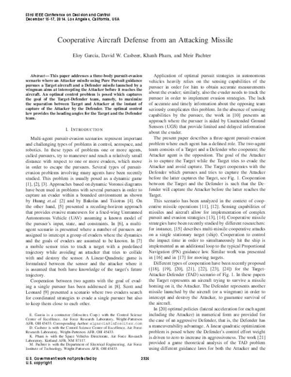 (PDF) Cooperative aircraft defense from an attacking missile