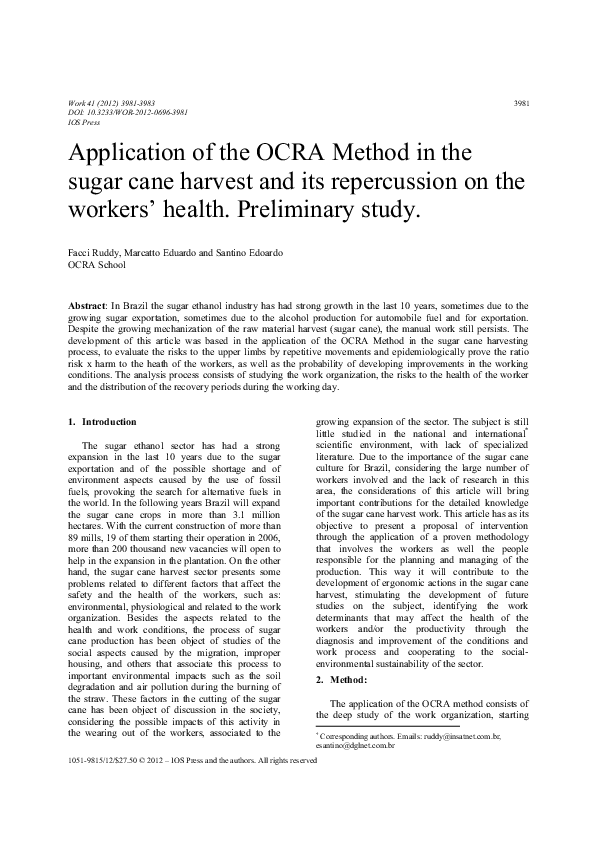 (PDF) Application of the OCRA Method in the sugar cane harvest and its ...