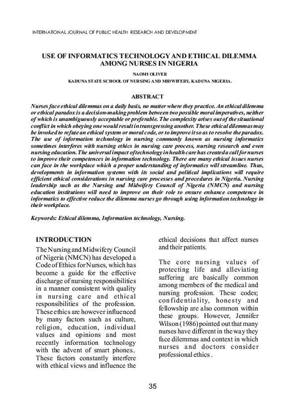 (PDF) USE OF INFORMATICS TECHNOLOGY AND ETHICAL DILEMMA AMONG NURSES IN ...