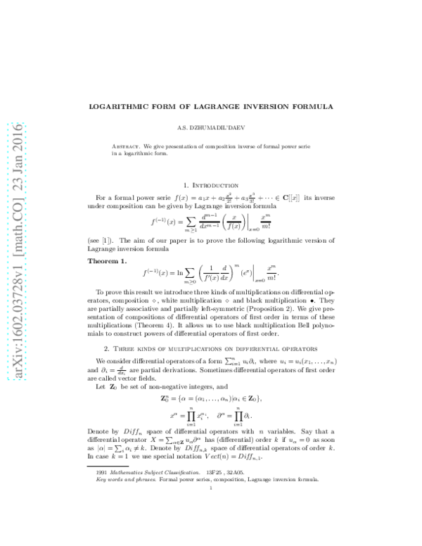 (PDF) Logarithmic form of Lagrange inversion formula