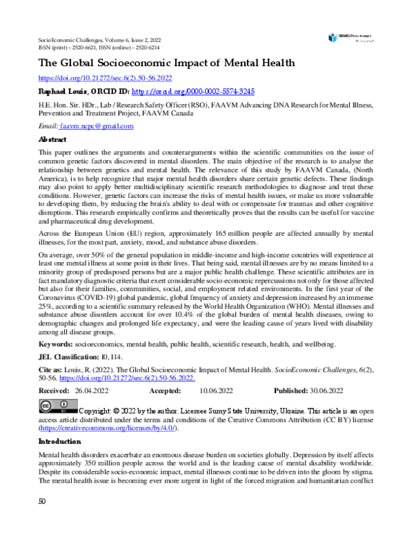 (PDF) The Global Socioeconomic Impact of Mental Health