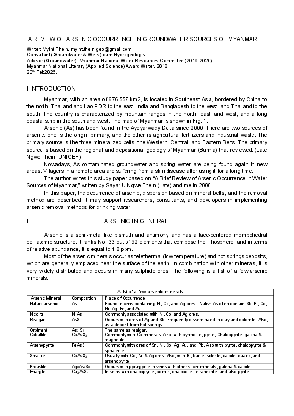 (PDF) A REVIEW OF ARSENIC OCCURRENCE IN GROUNDWATER SOURCES OF MYANMAR